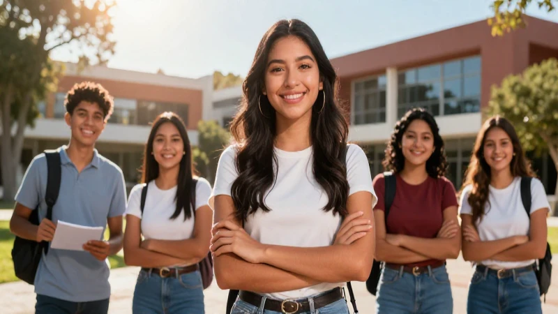 Estudiante mexicano sonriente en campus con luces dramáticas