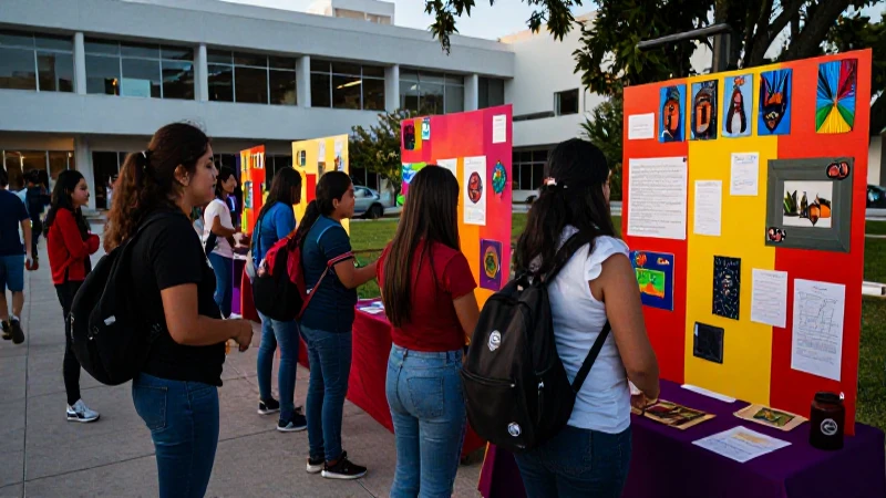 Feria educativa mexicana con familias en un campus moderno