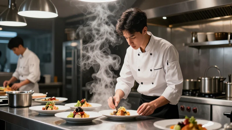 Joven chef en cocina con estilo dramático