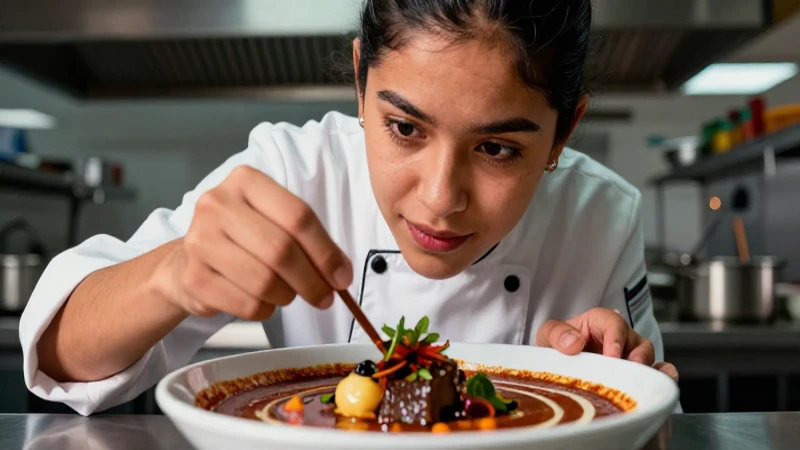 Chef mexicano prepara mole gourmet con estilo cinematográfico