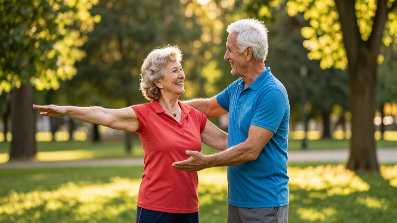 Pareja mayor ejercitándose en un parque vibrante