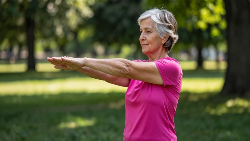 Mujer mayor estira al aire libre bajo el sol
