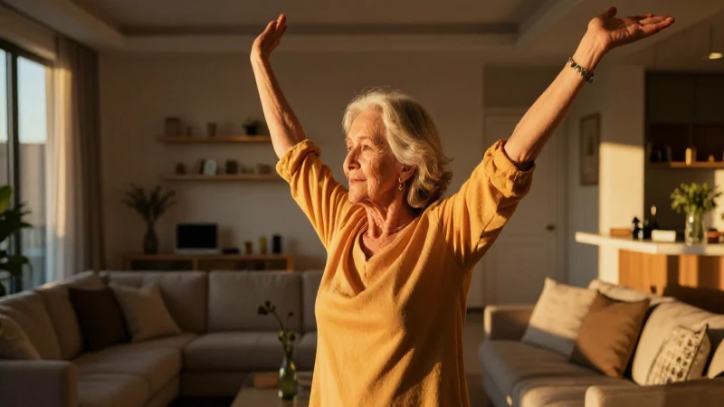 Mujer mayor estirando en luz cálida
