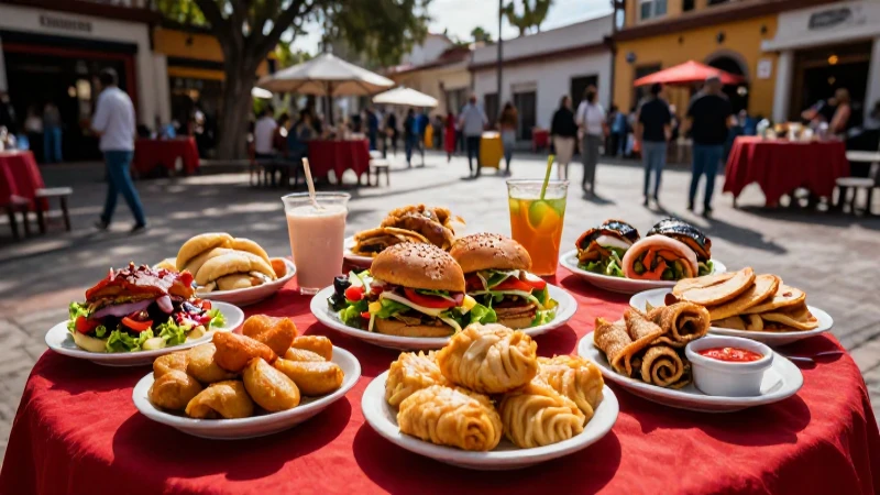 Comida mexicana vibrante en una plaza iluminada