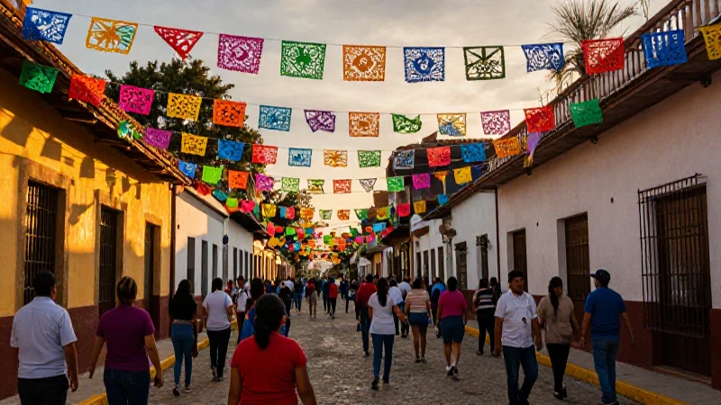 Fiesta mexicana vibrante con luces doradas