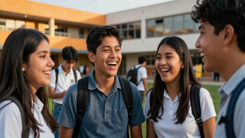 Estudiantes mexicanos alegres en campus moderno