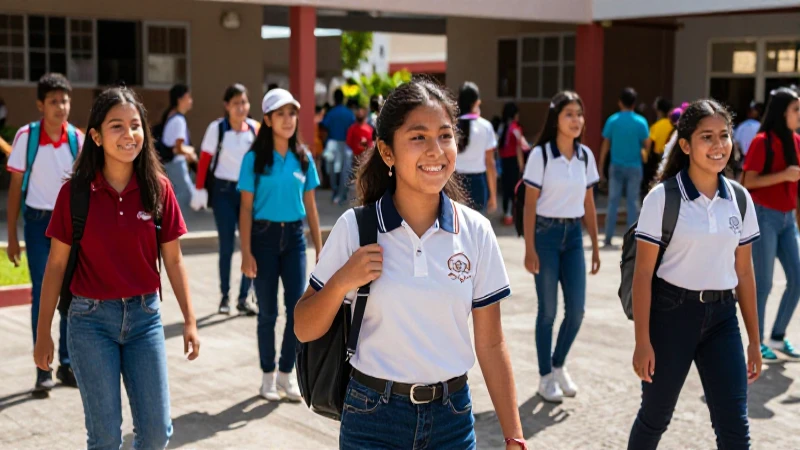 Grupo mexicano sonriente en campus vibrante
