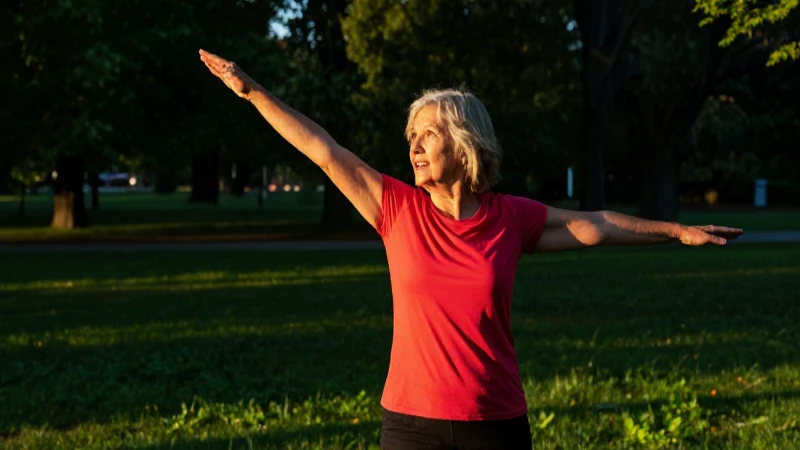 Mujer elegante estirándose al atardecer en el parque