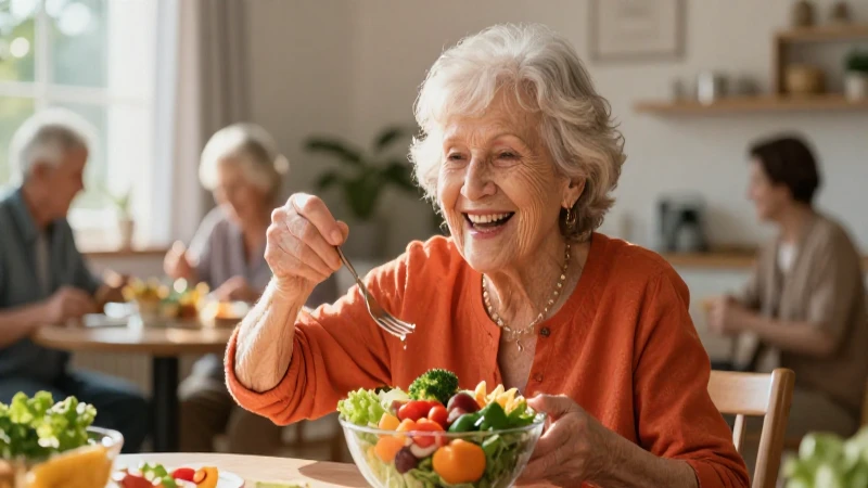 Mujer anciana feliz comiendo saludable