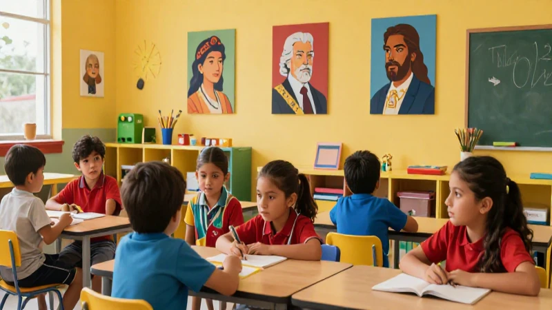 Escuela mexicana vibrante con figuras históricas