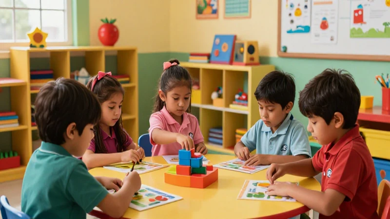 Niños mexicanos jugando con materiales educativos coloridos