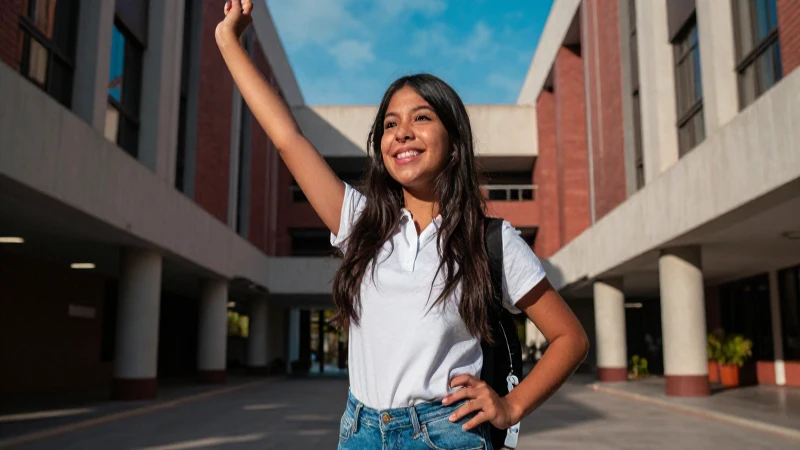 Estudiante mexicano en campus moderno y vibrante
