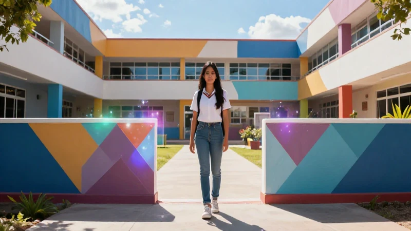Estudiante mexicano ante entrada escolar moderna