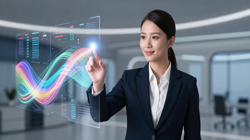 Profesional interactúa con datos futuristas vibrantes