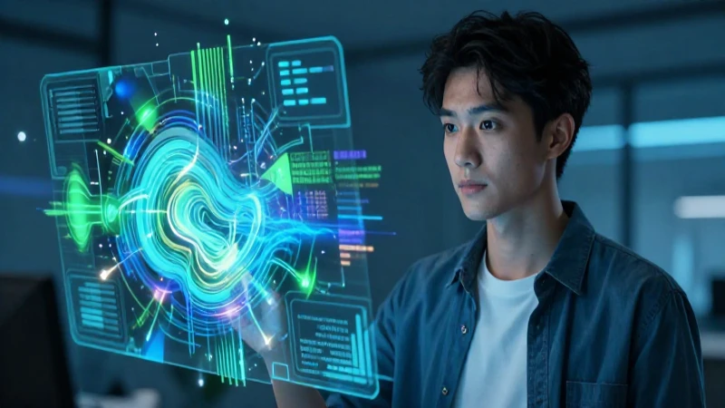 Joven futurista con interfaz digital avanzada
