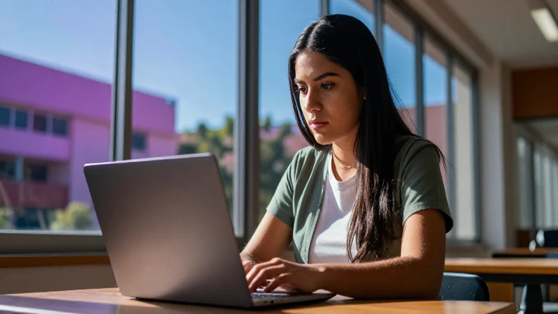 Estudiante mexicano enfocado con laptop bajo luz dramática