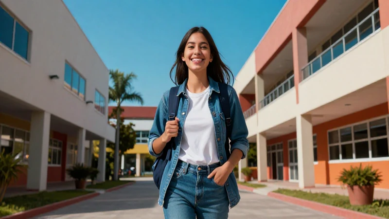 Joven mexicano sonríe en campus moderno vibrante