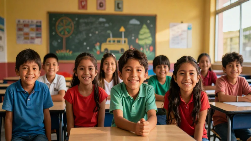 Niños mexicanos sonriendo en una clase moderna