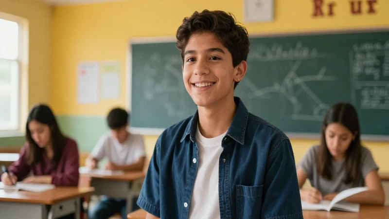 Joven mexicano optimista en un aula moderna