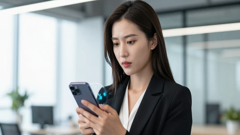 Joven profesional moderna con celular en oficina