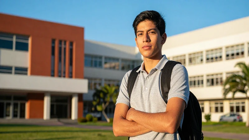 Estudiante mexicano en campus moderno con iluminación dorada