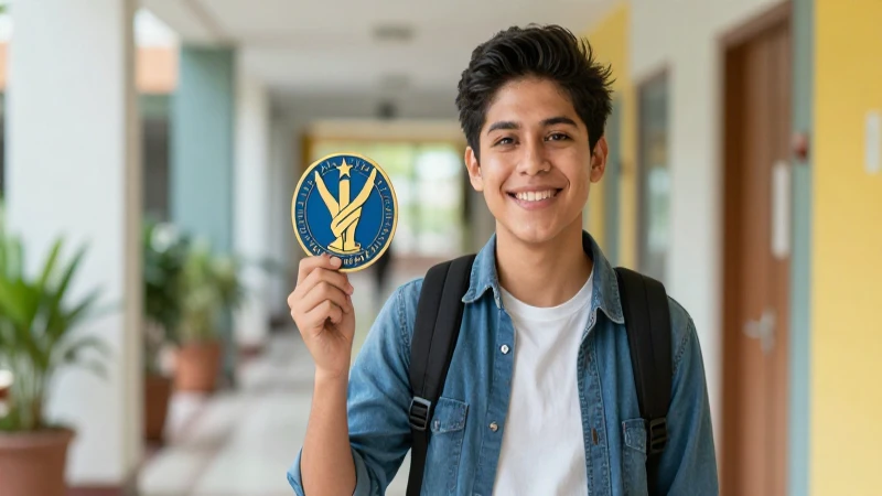 Joven mexicano exitoso en pasillo académico moderno