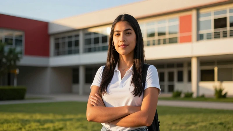 Estudiante mexicano confiado en campus moderno