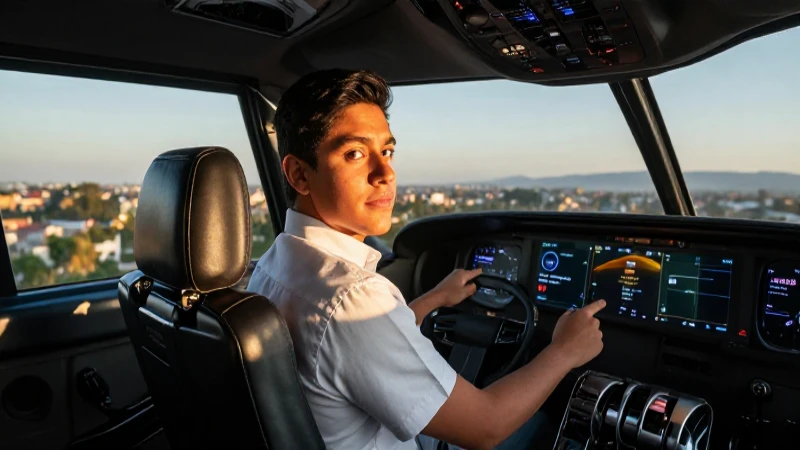 Estudiante mexicano en cockpit con luz dorada