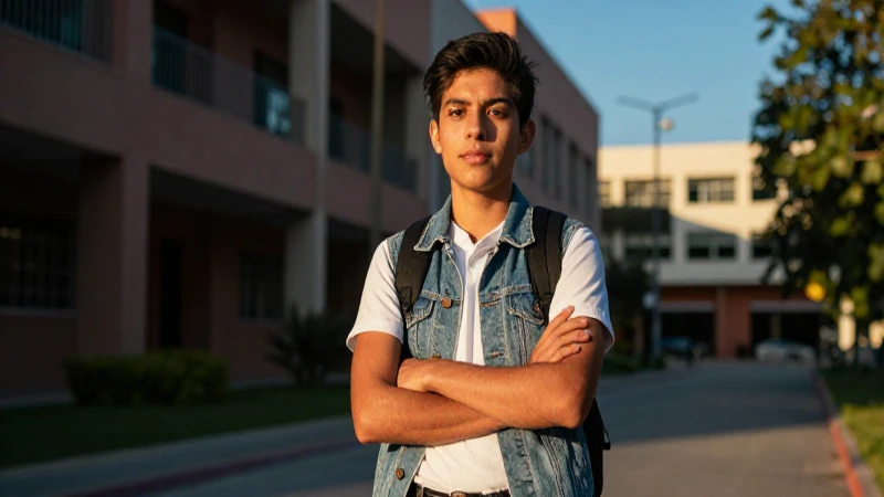Joven mexicano en ambiente universitario dorado