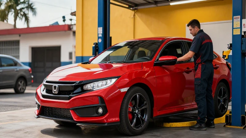 Honda rojo brillante en taller profesional mexicano