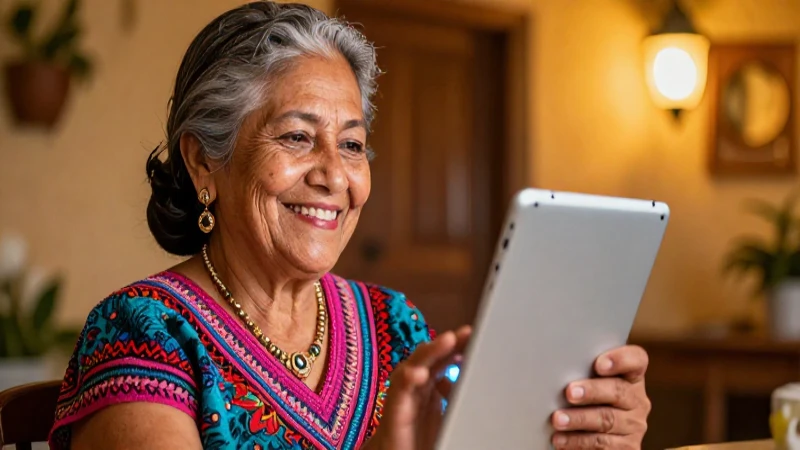 Mujer mexicana atractiva con tablet y luz cálida