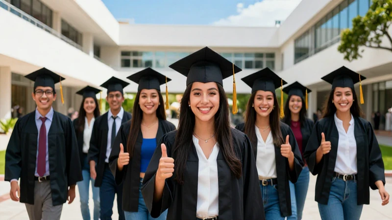 Estudiantes mexicanos felices graduándose en campus moderno