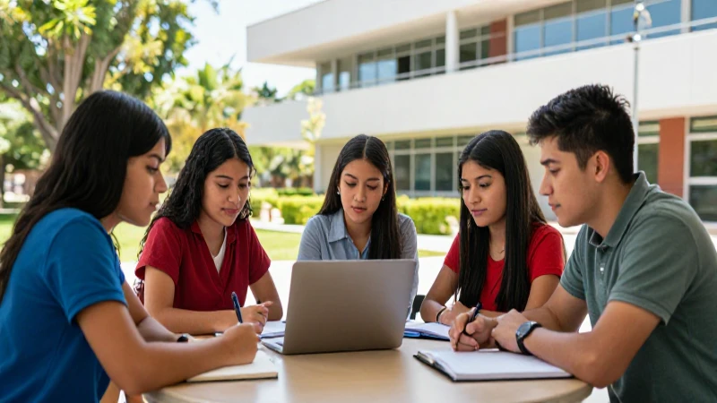 Estudiantes mexicanos en un campus académico soleado
