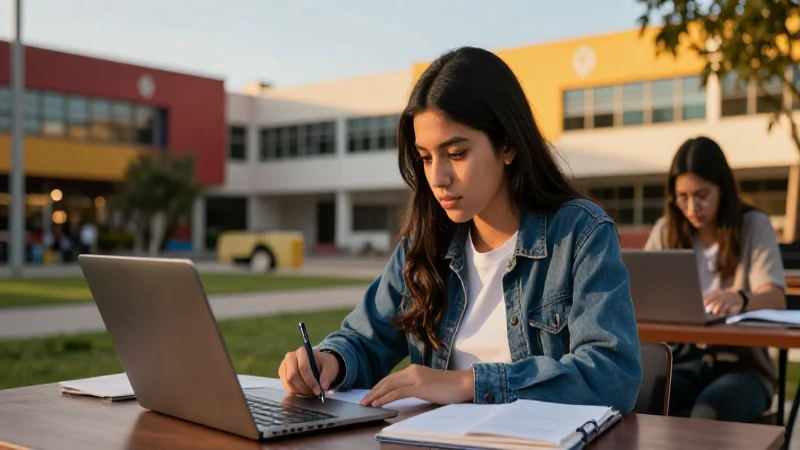Estudiante mexicano planificando en entorno universitario moderno