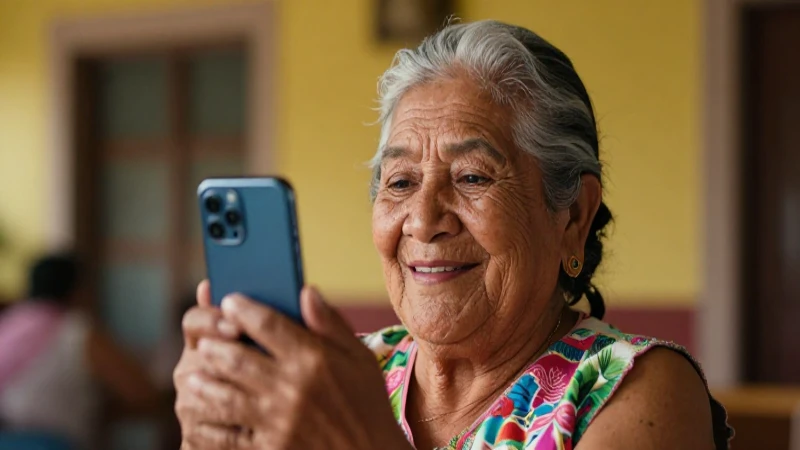 Retrato feliz de mujer mexicana con celular moderno