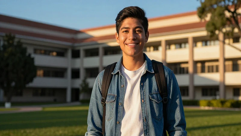 Estudiante sonriente en campus universitario bajo la luz del atardecer