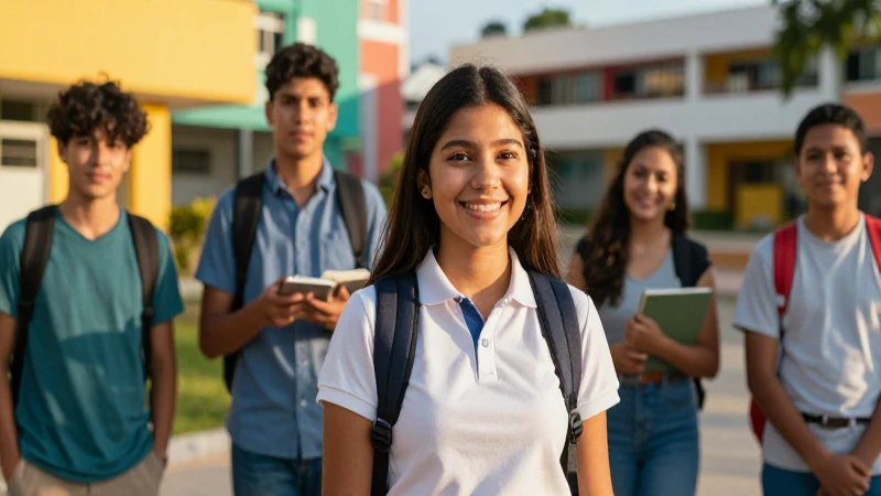 Jóvenes mexicanos en campus escolar vibrante