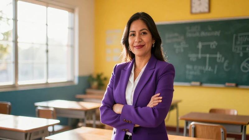 Profesor carismático en un aula vibrante y luminosa