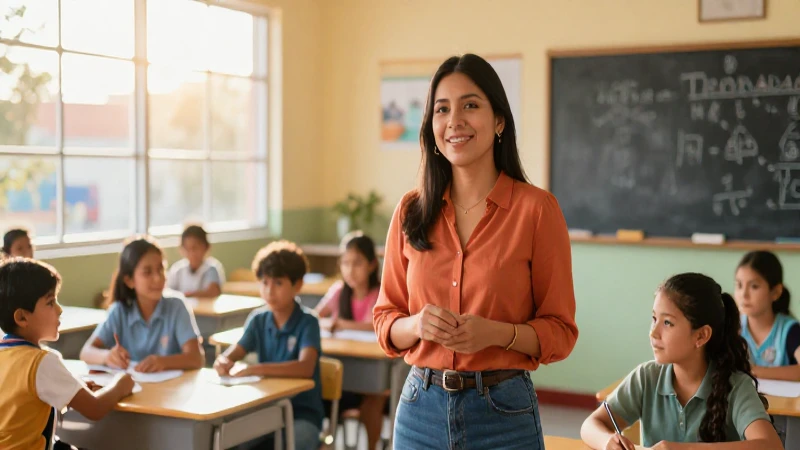 Maestra mexicana en aula vibrante y moderna