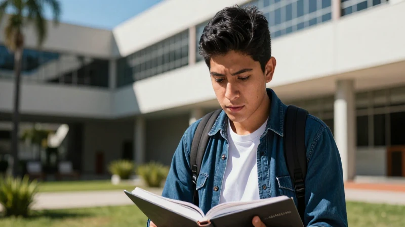 Joven mexicano estudia en campus universitario moderno
