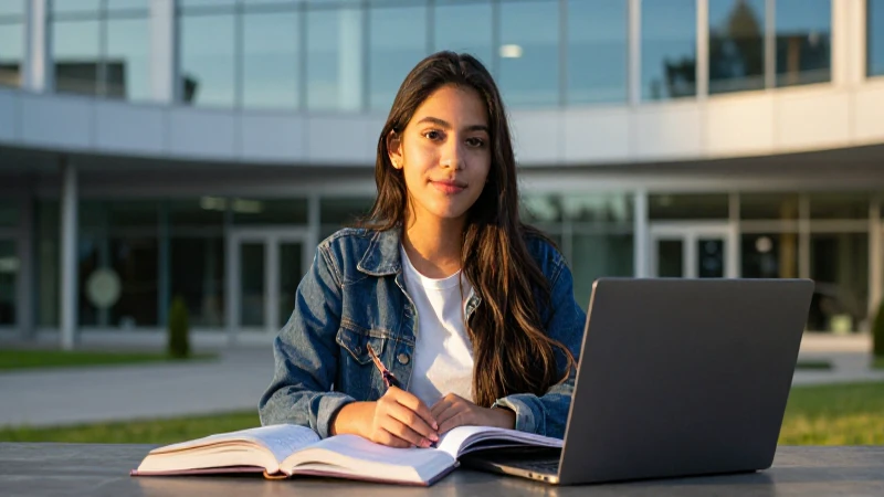 Estudiante mexicano confiado en campus moderno