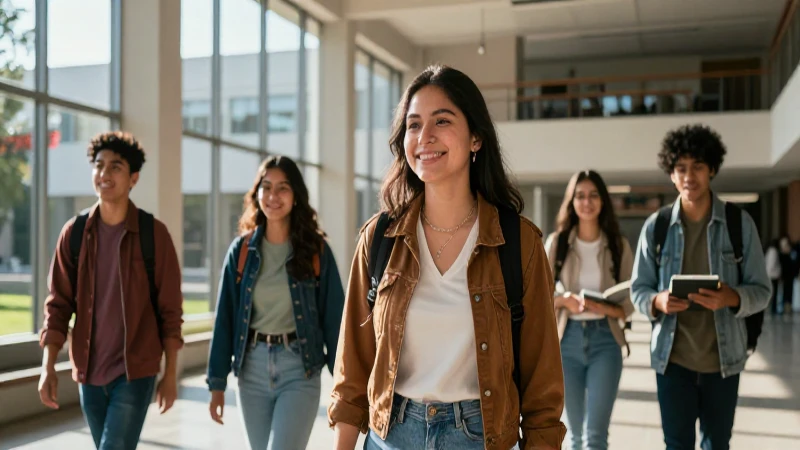 Estudiante sonriendo en moderno campus universitario