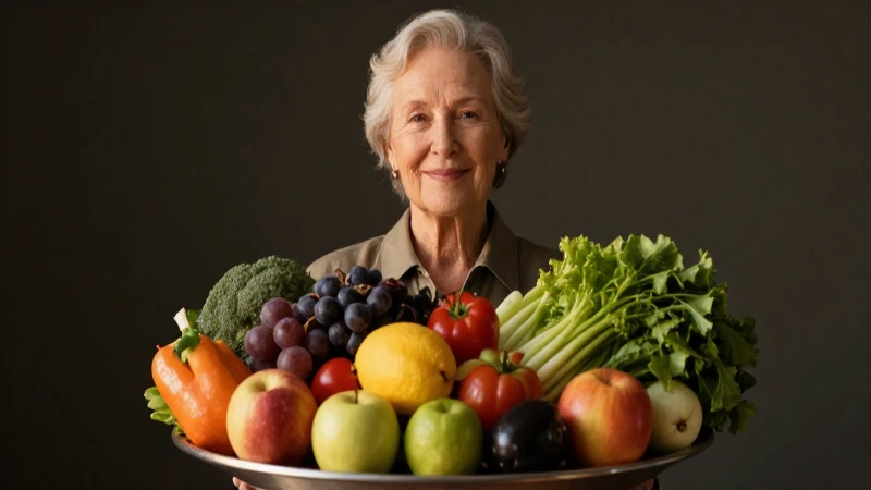Retrato elegante con sonrisa y frutas frescas