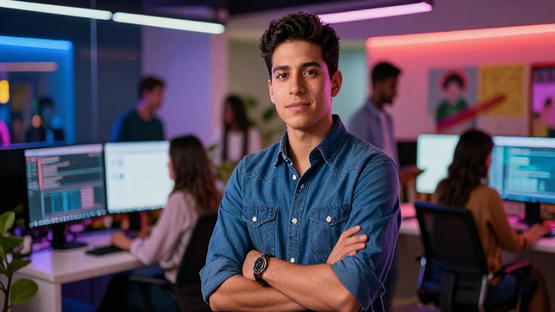 Joven mexicano en oficina tecnológica moderna