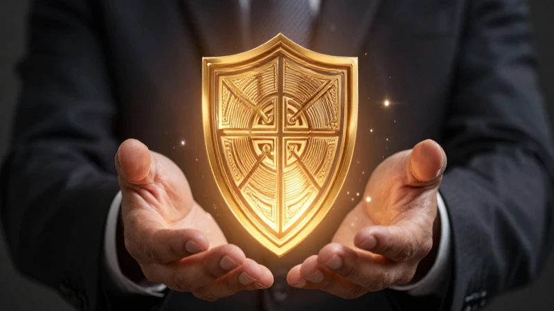 Manos profesionales sostienen un escudo dorado de seguridad