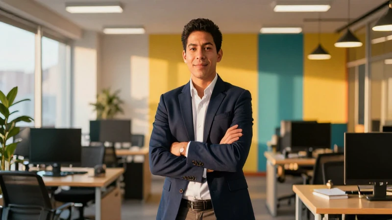 Profesional mexicano, luz dorada, oficina moderna