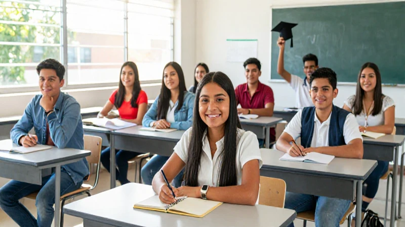 Estudiantes mexicanos sonriendo en aula moderna y brillante
