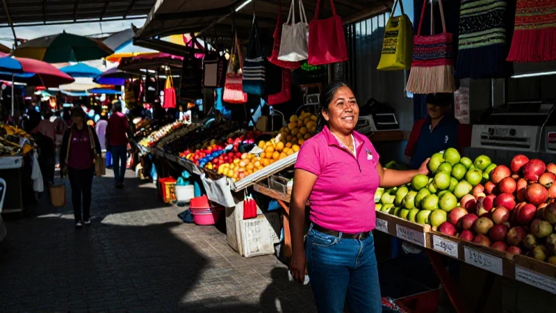 Mercado mexicano vibrante con emprendedor sonriente