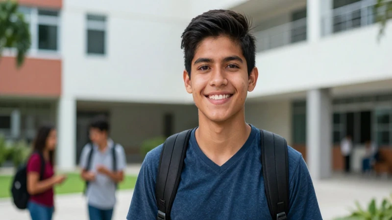 Estudiante mexicano decidido en un campus vibrante