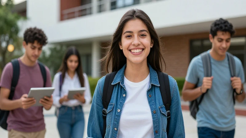 Estudiante mexicano sonríe en universidad vibrante